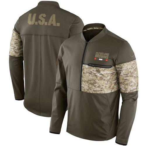 Men's Cleveland Browns Nike Olive Salute to Service Sideline Hybrid Half-Zip Pullover Jacket - Click Image to Close